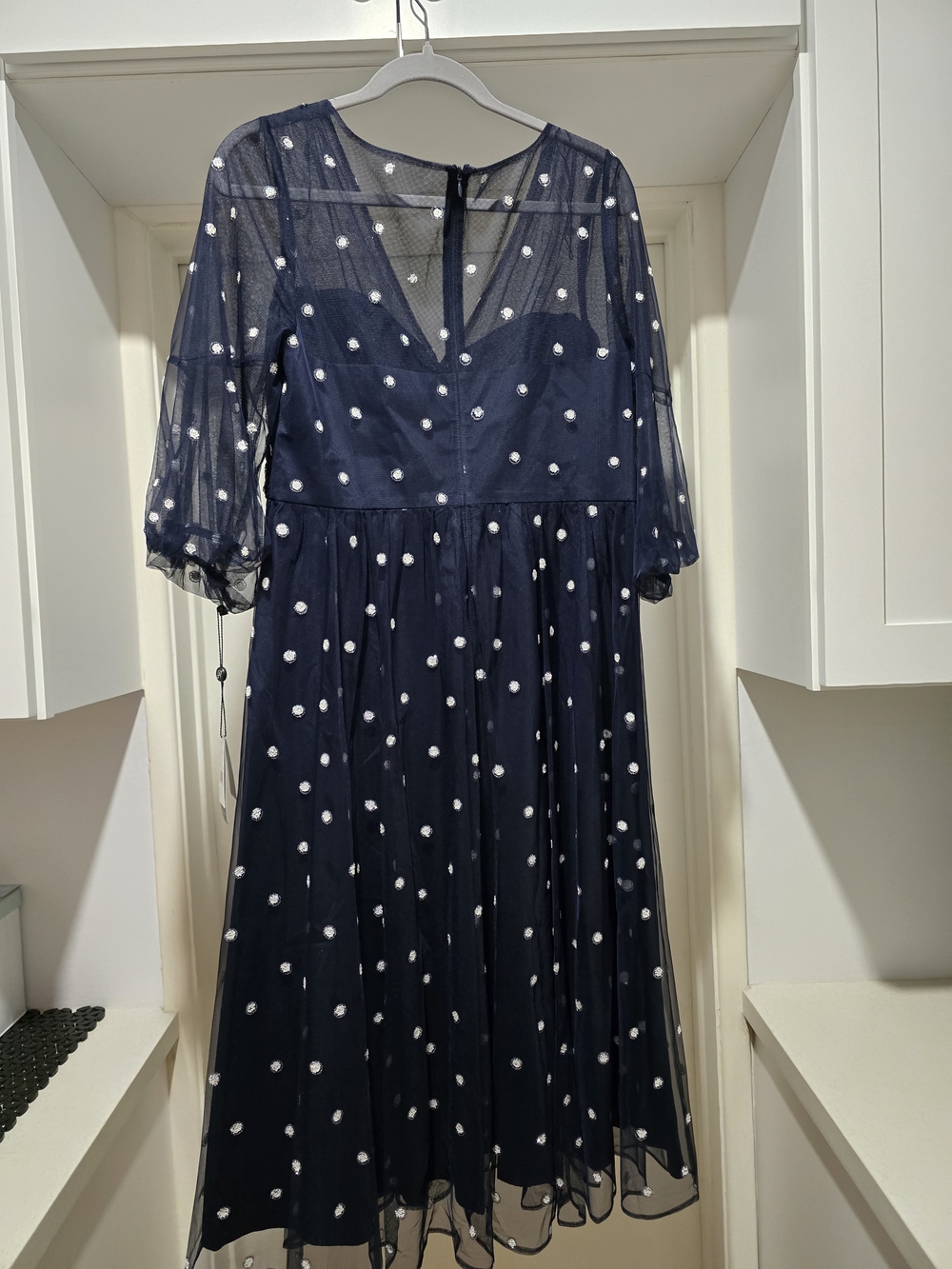 Navy With White/Glitter Polka Dots Mesh Midi Dress - Elegant Women's Party Dress - Picture 5 of 13